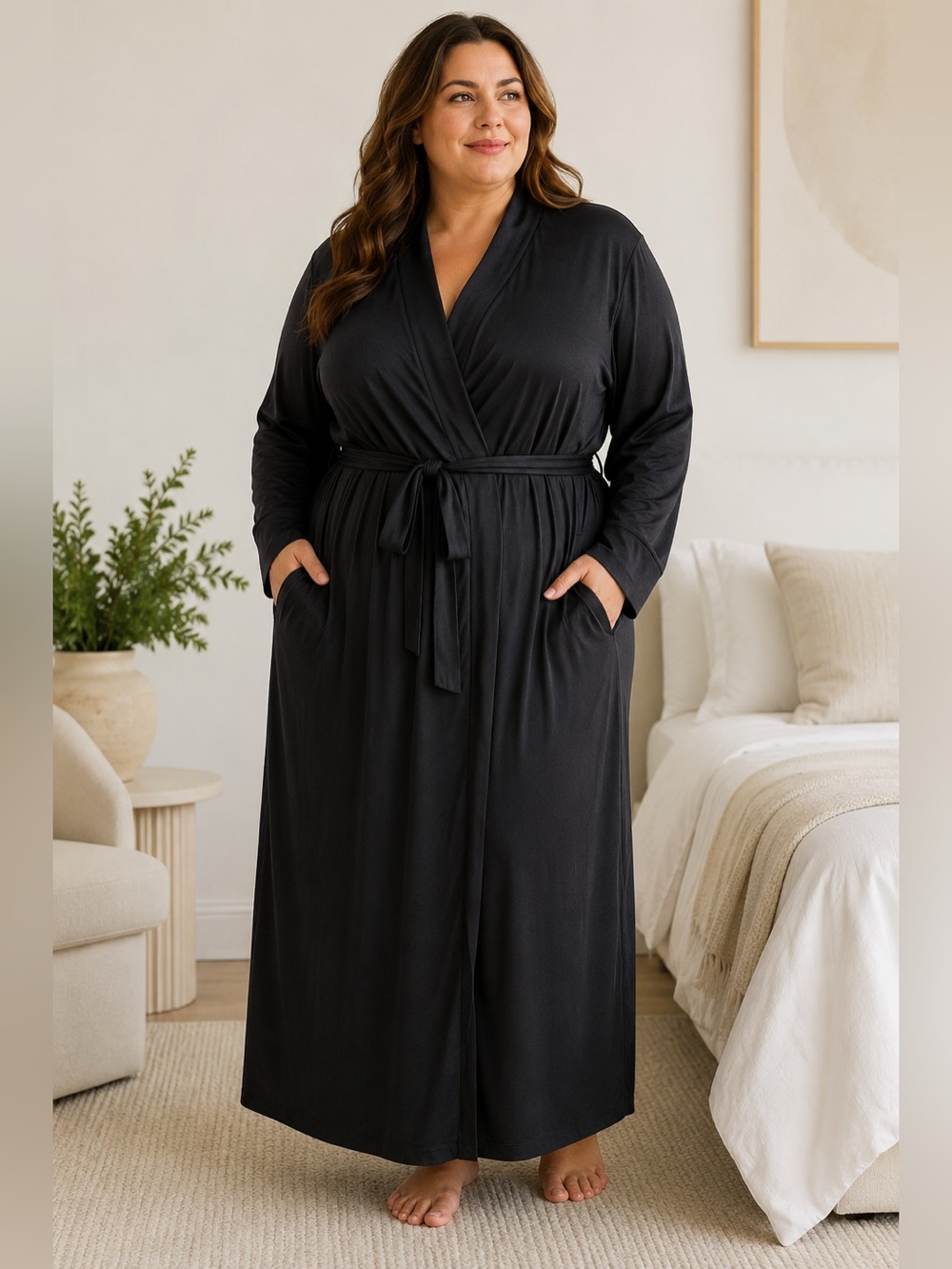 Natori Women’s Black Knit Maxi Wrap Robe with Pockets and Belt Size 3X NEW NWT